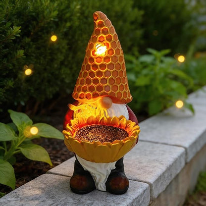 Sunflower Gnome Statue with Solar LED Lights, Solar Powered Garden Gnome for Outdoor Decor, Auto On/Off Waterproof Yard, Patio, Lawn Ornament, Unique Gift for Mother’s Day & Housewarming