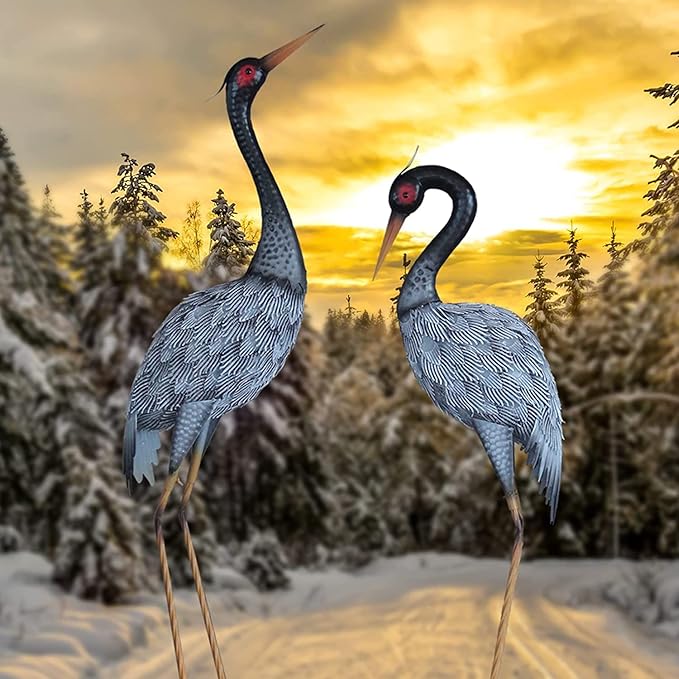 Metal Crane Statue Garden Decor, Heron Statue Yard Art for Outdoor Patio Lawn Backyard Pool Front Porch Decor, Bird Garden Sculpture & Statues, Set of 2, Spring & Summer Decorations