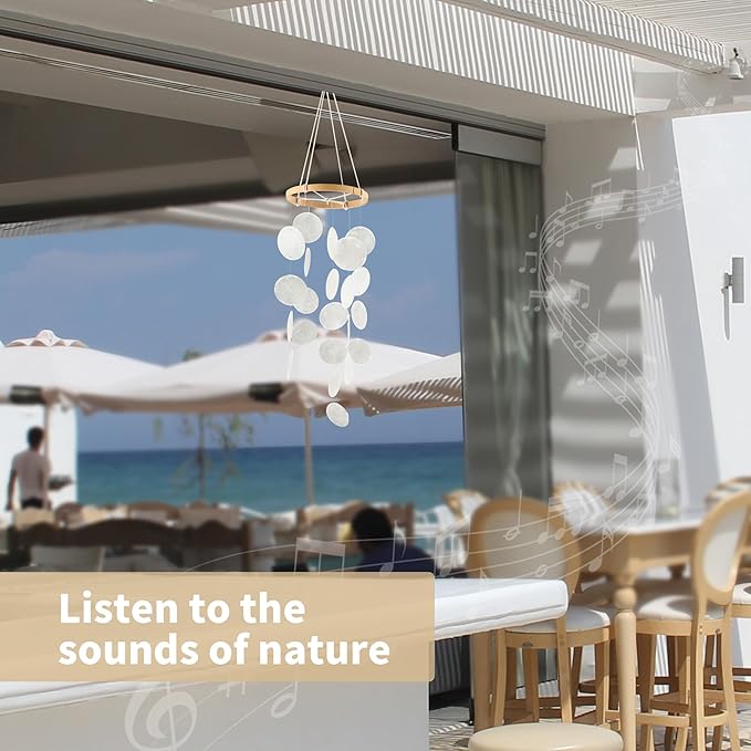 Handmade Capiz Wind Chimes for Outside, Outdoor Seashell Hanging Beach Coast Ocean Home Decorative, Unique Natural Shell Waterfall Windchimes for Summer Patio, Great Memorial Sympathy Gift（White
