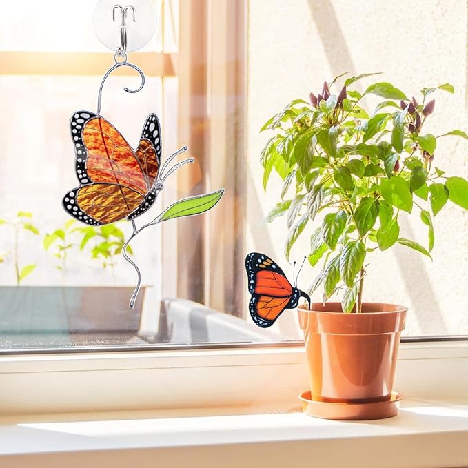 2 PCS Monarch Butterfly Decorations for Windows Hanging & Plant Decorations for Pots, Acrylic Suncatchers Butterfly Garden Yard Sun Catcher for Home Indoor Outdoor Decor- Gifts for Women