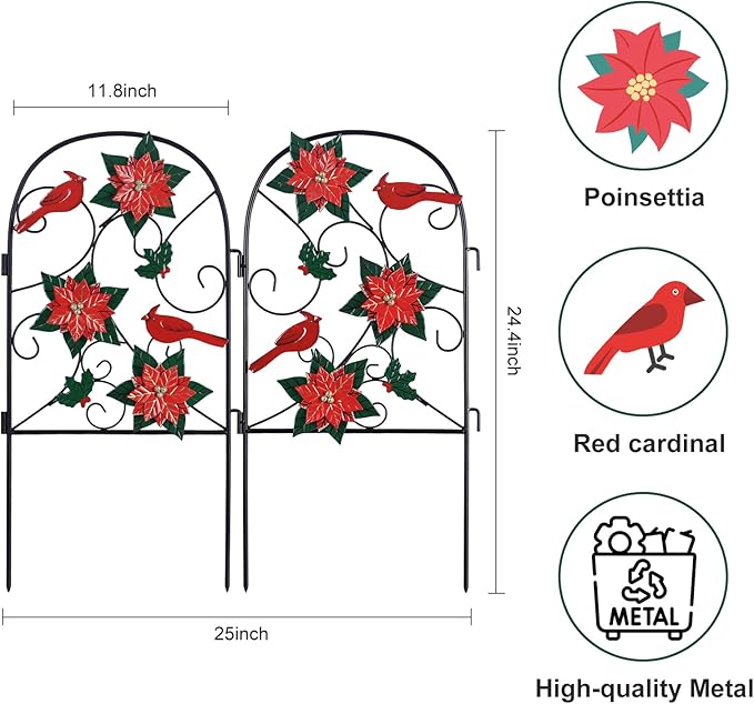 hogardeck Outdoor Christmas Decorations, 2 Pcs Metal Fence Floral Decorative Garden Stakes with Poinsettia Red Birds for Christmas Decor, Yard Signs for Garden Lawn Patio Home