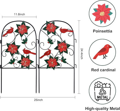 hogardeck Outdoor Christmas Decorations, 2 Pcs Metal Fence Floral Decorative Garden Stakes with Poinsettia Red Birds for Christmas Decor, Yard Signs for Garden Lawn Patio Home