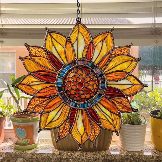 Sunflower Faux Tiffany Acrylic Suncatcher Stained Glass Effect Window Car Hanging Christmas Ornament Indoor Outdoor Decor Garden Sun Catcher Panel for Sunflower Lover for Women Mom Grandma