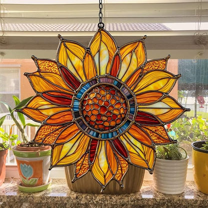 Sunflower Faux Tiffany Acrylic Suncatcher Stained Glass Effect Window Car Hanging Christmas Ornament Indoor Outdoor Decor Garden Sun Catcher Panel for Sunflower Lover for Women Mom Grandma