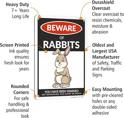 SmartSign Funny Beware Of Rabbits Warning Sign - 10"x7", 40 mil Laminated Rust-free Aluminum - Metal Signs for Farms, Outdoors, Patio, Gifts, Cafe - Rabbits Theme, Made in USA