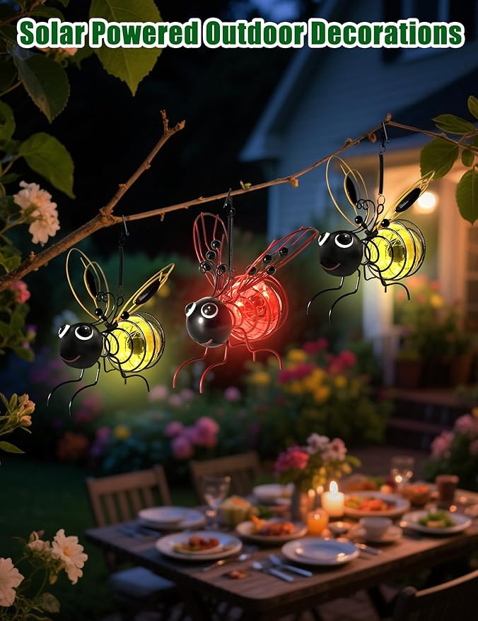 Solar Bees Lights Outdoor, 2026 New Hanging Bee Solar Garden Light,IP44 Waterproof,Outdoor Statues Figurine Lights Decorations for Balcony,Garden,Porch,Courtyard Decoration (2Pcs)