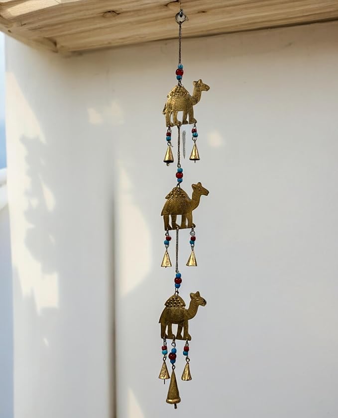 Recycled Iron Indian Camel Home Decor Bells Wall Hanging Chimes, Iron Metal Wall Art Decor, Antique Wind Chime Decoration, Indoor, Patio, Country Decor Size 85cm Height