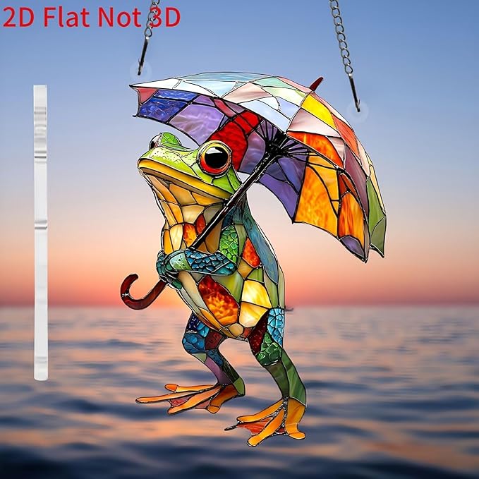 Spring Suncatcher Window Hanging with Colorful Frog Umbrella Designs Full Cover Acrylic Stained Glass Suncatchers Cute Window Decor Summer Ornament Indoor Outdoor for Home Garden Gift for Women