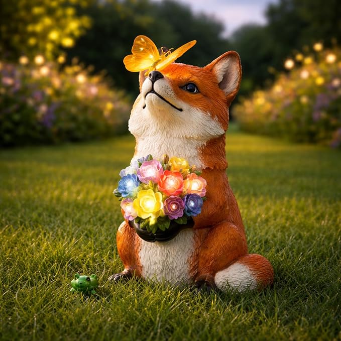 Threehoney Solar Fox Decor for Garden Outdoor Lighted Resin Fox Statue Figurine with LED Light Butterfly Flower Garden Statue for Yard Patio Balcony Women Mom Grandma Mother's Housewarming Gift