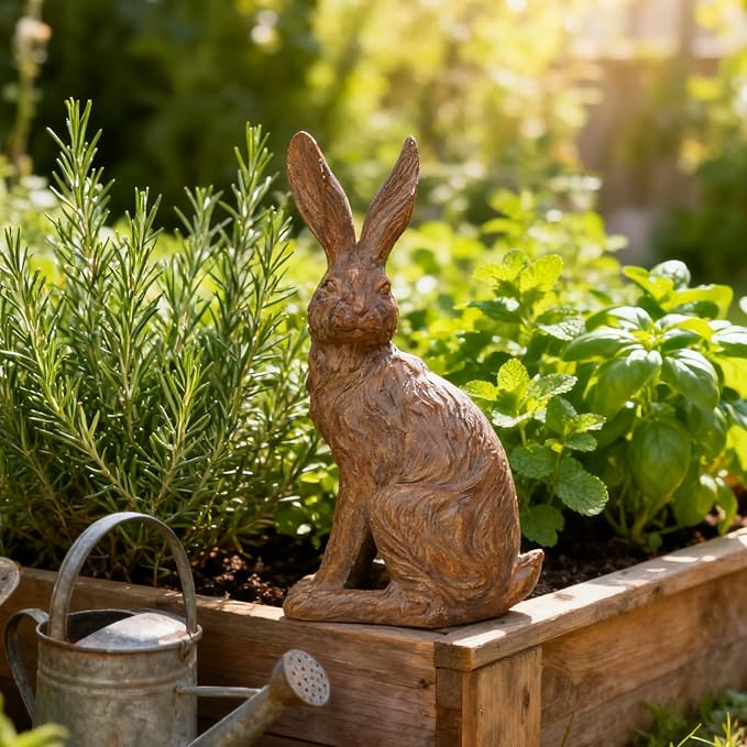 DiliComing Outdoor Rabbit Garden Statue - 12 Inch Large Easter Bunny Decor Brown Resin Animal Sculpture for Home Lawn Yard Decorations Womens Gifts