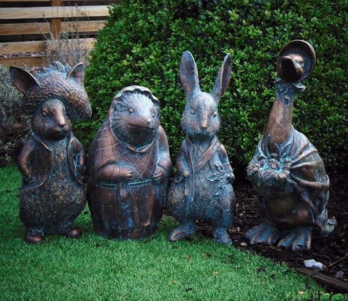 Beatrix Potter Ornament Set, Peter Rabbit, Jemima Puddle-Duck, Mrs Tiggy-Winkle, Benjamin Bunny, Hand Cast Stone Garden Statue Ornament, Outdoor Easter Decorations (Peter Rabbit)