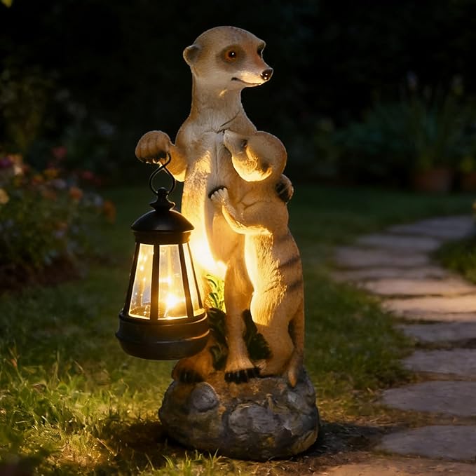 Meerkat Mother & Baby Solar Garden Statue Outdoor Decor Resin Figurine with Lantern Lights Waterproof Lawn Ornament Animal Sculpture for Patio Yard Porch Christmas