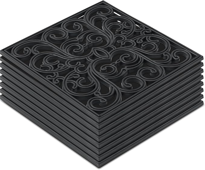 Pangda 8 Pcs Rubber Stepping Stones Outdoor Garden Walkway, 12 x 12 Inch Heavy Duty Pathway Pavers Retro Decorative Stepping Stones for Outside Landscaping Yard Lawn Path(Black,Scroll Square)