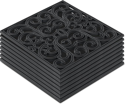 Pangda 8 Pcs Rubber Stepping Stones Outdoor Garden Walkway, 12 x 12 Inch Heavy Duty Pathway Pavers Retro Decorative Stepping Stones for Outside Landscaping Yard Lawn Path(Black,Scroll Square)