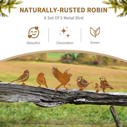 Geila 5PCS Rusty Birds Decoration, Fence Decorations Outdoor, Metal Birds Yard Decor Perfect Yard Art and Large Outdoor Ornaments (F)