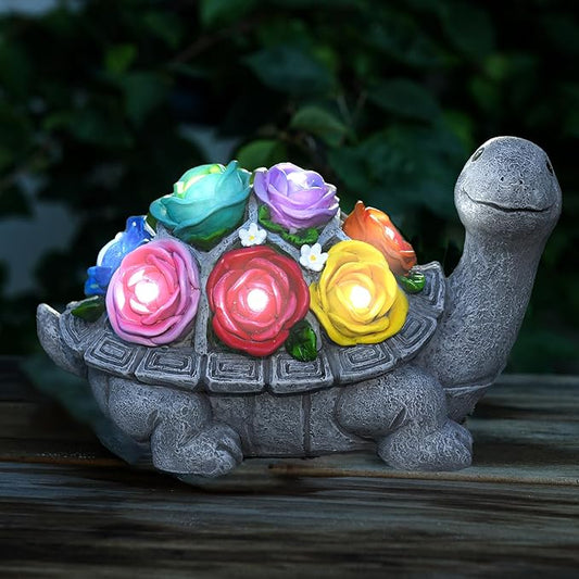 Solar Garden Decor Turtle with Rose and 7 LED Lights - Outdoor Decor Tortoise Statue for Patio, Balcony, Yard Ornament, Unique Gifts for Mom.
