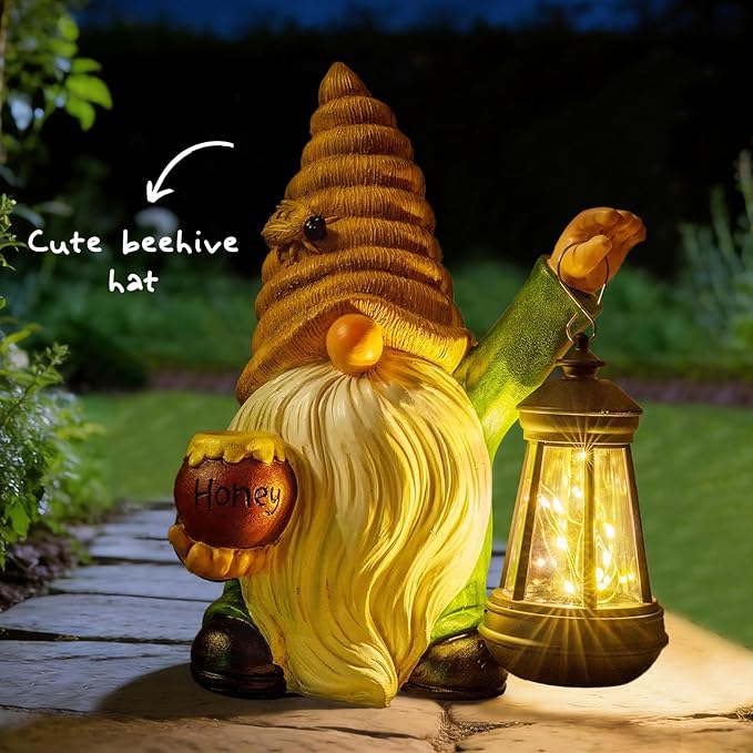 12.3'' Solar Garden Gnomes Outdoor Decor Honey Bee jar Gnome Statues with LED Lantern Spring Patio Lawn Yard Art Decoration Easter Birthday Christmas Gardening Gifts for Mom Dad, Bee Gnome