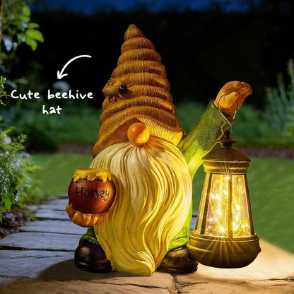 12.3'' Solar Garden Gnomes Outdoor Decor Honey Bee jar Gnome Statues with LED Lantern Spring Patio Lawn Yard Art Decoration Easter Birthday Christmas Gardening Gifts for Mom Dad, Bee Gnome