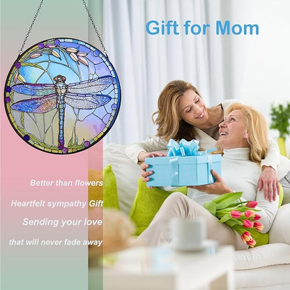 12 Inch Stained Glass Window Hanging, Large Dragonfly Suncatcher, Stained Glass Window Suncatcher, Dragonfly Home Wall Art Decor for Indoor/Outdoor, Hand Colorful Panel Sun Catcher, Gift for Mom