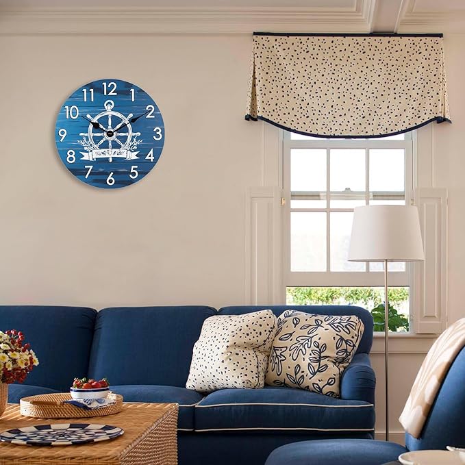 Nautical Outdoor Clock Waterproof -14" Silent Navy Blue Coastal Decor Indoor Outdoor Wall Clocks Battery Operated for Patio, Pool, Porch, Backyard, Bathroom - Boat Ship Steering Wheel Theme