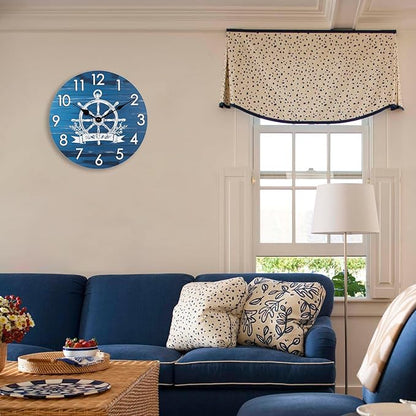 Nautical Outdoor Clock Waterproof -14" Silent Navy Blue Coastal Decor Indoor Outdoor Wall Clocks Battery Operated for Patio, Pool, Porch, Backyard, Bathroom - Boat Ship Steering Wheel Theme