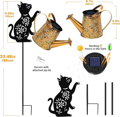 ZFNN Solar Garden Decor Lights, Outdoor Waterproof Solar Watering Can with Cascading Lights, Metal Cat Silhouette Stake Yard Art for Outside Lawn Patio, Unique Gardening Gifts for Women Mom