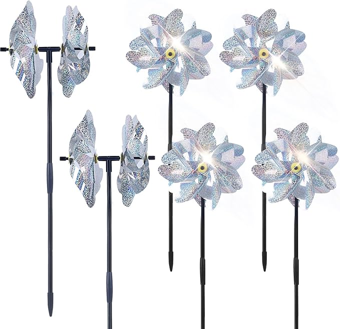BATTIFE Reflective Pinwheels for Yard and Garden, Pre-Installed Sparkly Blind Birds Pin Wheel, Scare Birds & Animal Away Wind Spinner, 6 Pack (Silver Double-Sides)