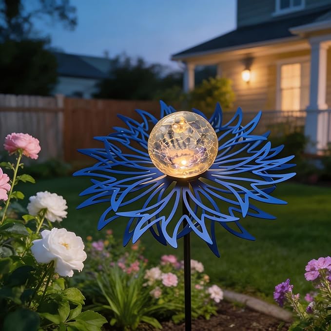 Solar Lights Outdoor Garden Decor, Metal Flower Crackle Glass Globe Solar Stake Lights, Waterproof LED Yard Decorations for Patio, Lawn, Pathway, Landscape Gifts for Women Mom(Blue)