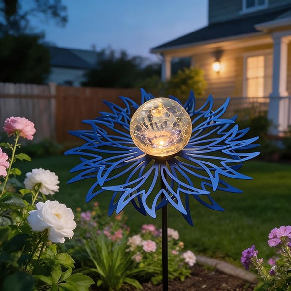 Solar Lights Outdoor Garden Decor, Metal Flower Crackle Glass Globe Solar Stake Lights, Waterproof LED Yard Decorations for Patio, Lawn, Pathway, Landscape Gifts for Women Mom(Blue)