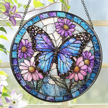 Stained Glass Suncatcher Window Hanging, 7.8 Inch Handmade Sunflower Garden suncatchers, Suncatcher Home Decor,Gift for Women, Mom, Grandma (Butterfly)