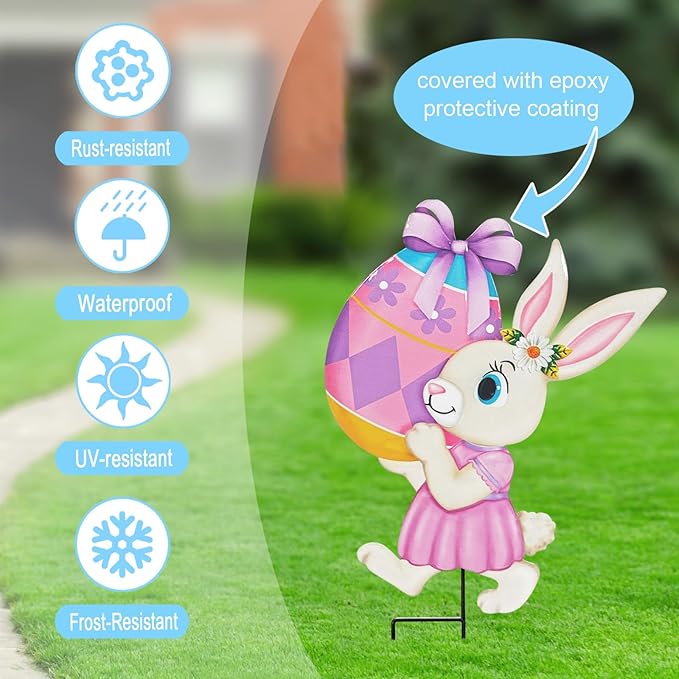 Easter Decorations Outdoor,2 Pack Metal Easter Egg Bunny Yard Signs for Outside,Cute Bunny Garden Stakes for Lawn,Yard,Rabbit Gifts for Women
