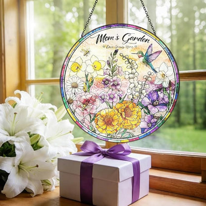 Birthday Gifts for Mom - 8 inch Mom’s Garden Inspired Stained Glass Suncatcher, Floral Window Hanging Ornament, Mothers Day Decorations Gift for Mom Grandma, Mom Birthday Gifts