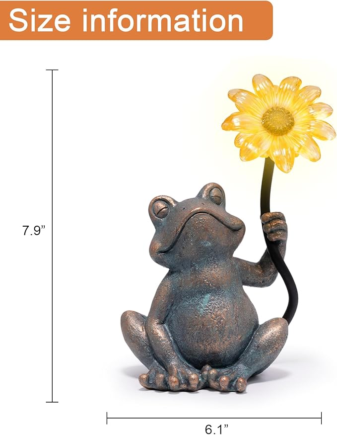 basen Solar Frog Statue with Glowing Sunflower Light, Outdoor Garden Frog Figurine Decor for Yard Lawn Patio, Resin Solar Animal Sculpture with LED Light for Garden Landscape Decoration