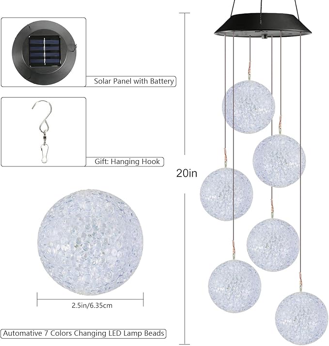 Toodour Solar Wind Chime, Color Changing Ball Wind Chimes, LED Decorative Mobile, Gifts for Mom Grandma, Waterproof Outdoor Solar Lights for Garden, Patio, Party, Yard, Window, Outdoor Decor