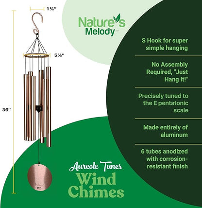 Nature’s Melody Aureole Tunes Wind Chimes – Outdoor Windchime with 6 Tubes Tuned to E Pentatonic Scale, 100% Rustproof Aluminum, Powder Finish & S Hook Hanger for Sympathy, Memorial Gift or Zen Garden