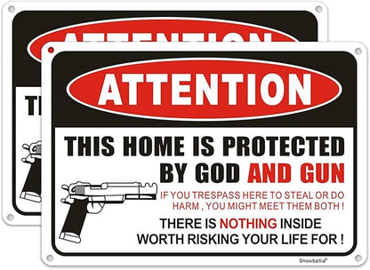 Showbellia 2 Pack Gun Signs This Home is Protected By GOD and Rust Free Aluminum, Weather/Fade Resistant, Easy Mounting, Indoor/Outdoor Use Metal Gun Sign (10"x 7") inches