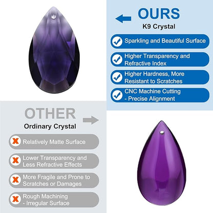 PATIKIL K9 Crystal Pendants Teardrop Beads, 10 Pack 38mm Chandelier Prisms Parts Hanging Beads DIY Lamp for Arts Crafts Decoration, Dark Purple