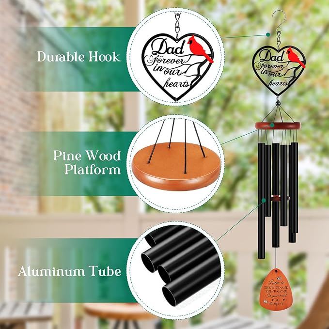 Kathfly Cardinal Wind Chimes for Loss of Loved One, 28" Memorial Wind Chimes for Outside, Cardinal Sympathy Bereavement Condolence Funeral Windchime Gifts for Loss of Father Dad Him