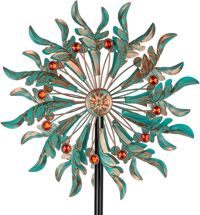 DREAMSOUL 13" Dia Wind Spinners Outdoor with Stake Kinetic Metal Wind Spinner with Red Crystal Accents, Teal Copper Windmill for Yard Garden Decor
