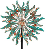 DREAMSOUL 13" Dia Wind Spinners Outdoor with Stake Kinetic Metal Wind Spinner with Red Crystal Accents, Teal Copper Windmill for Yard Garden Decor