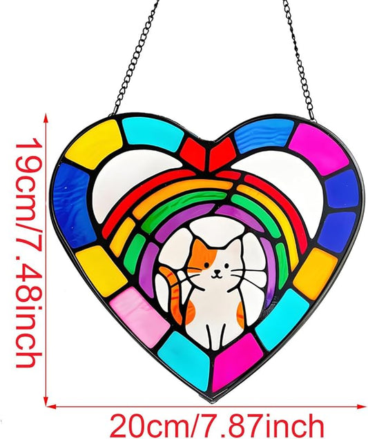 Stained Glass Window Hanging,Sun Catchers Glass Panel Window Suncatcher Panel Decor for Mom,Wife,Grandmother,Women, Men and Aunt,Garden Hangings for Christmas Mother's Day (Cat)