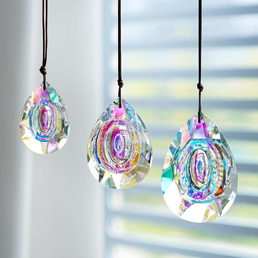 Window Hanging Crystal Prisms Sun Catcher AB Coating Rainbow Maker Glass Prisms Hanging Suncatcher Pendant for Home Garden Decor,76mm/63mm/50mm Chandelier Prism Parts, Pack of 3