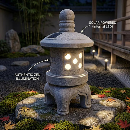 Japanese Garden Decor Solar Pagoda Light, Outdoor Stone Finish Pagoda Garden Statue with Auto On/Off for Patio Yard, Pet Decors