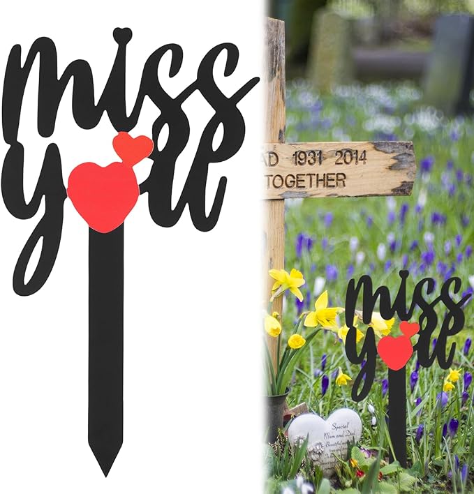 Memorial Grave Stake, Miss You Red Heart Grave Marker, 13.8x7.9in Grave Decorations for Cemetery, Metal Cemetery Decorations for Grave Yard Garden, Remembrance Grave Plaque for Mom Dad Friends