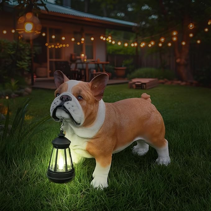 French Bulldog Garden Statue with Solar Lantern & Double-Sided Sign - Realistic Frenchie Outdoor Decor for Patio, Yard, Porch - Waterproof Resin Dog Sculpture - Gift for Frenchie Lovers, Mom, Dad