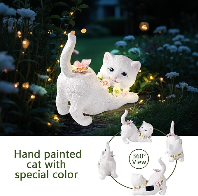 Solar Garden Statue Cat Figurine, Resin Solar Lights with Flower Decor for Outside, Yard Art Patio Balcony Lawn Decorations, Unique Gifts for Mom Grandma Women and Cat Lover (White)