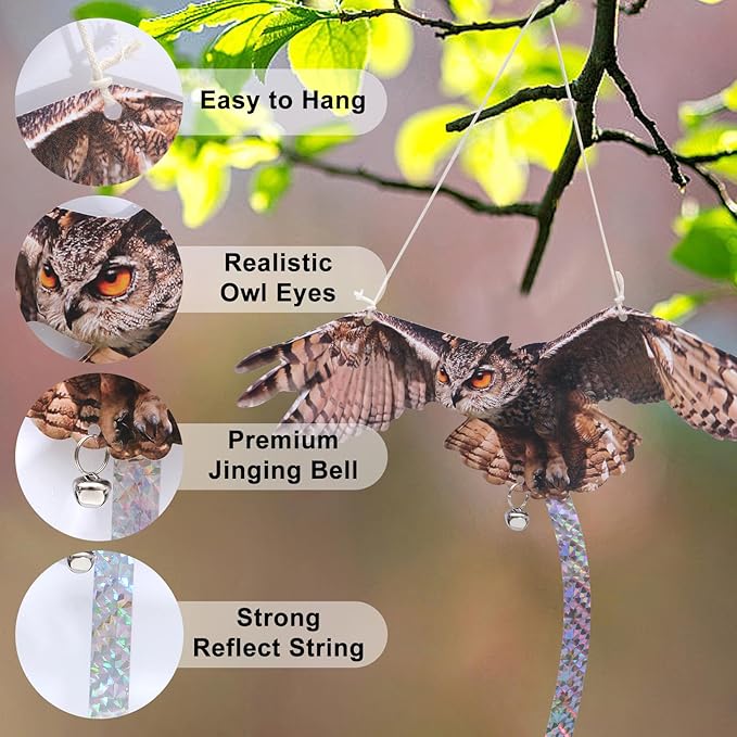 4Pack Fake Owls Double-Sided Owl Reflectors Fake Hawk, Reflective Hanging Owl Decoration, Flat Barn Swallow Deterrent Hawk with Reflective Tape for Indoor Outdoor Garden,Yard