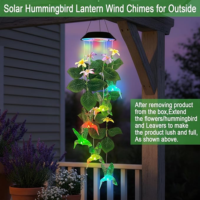 Hummingbirds Solar Wind Chimes Outdoor,Color Changing LED Dangler Mobiles for Outside, Hanging Decoraition for Patio,Porch,Yard,Gifts for Women