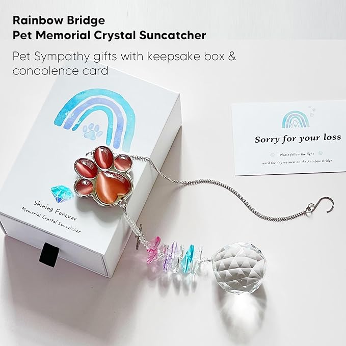 Dog Memorial Gifts for Loss of Dog, Pet Memorial Gifts for Dogs, Thoughtful Bereavement Remembrance Crystal Suncatcher with Sympathy Card (Purple Red)