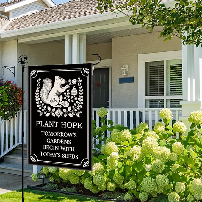 Plant Hope Tomorrow's Gardens Begin With Today's Seeds Garden Flag Banner, Double Sided Farmhouse Outdoor Lawn Decor Yard Flag Gifts, Funny Squirrel Gardening Gifts, Nature-Themed Flags